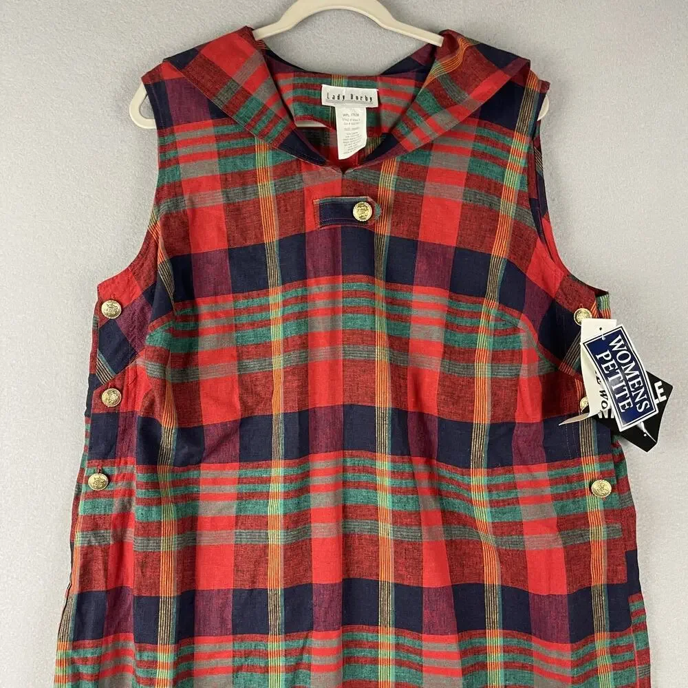 Vintage Lady Dorby Linen Dress Women 20WP Plaid Midi Shawl Collar Cottage NEW - Picture 2 of 14